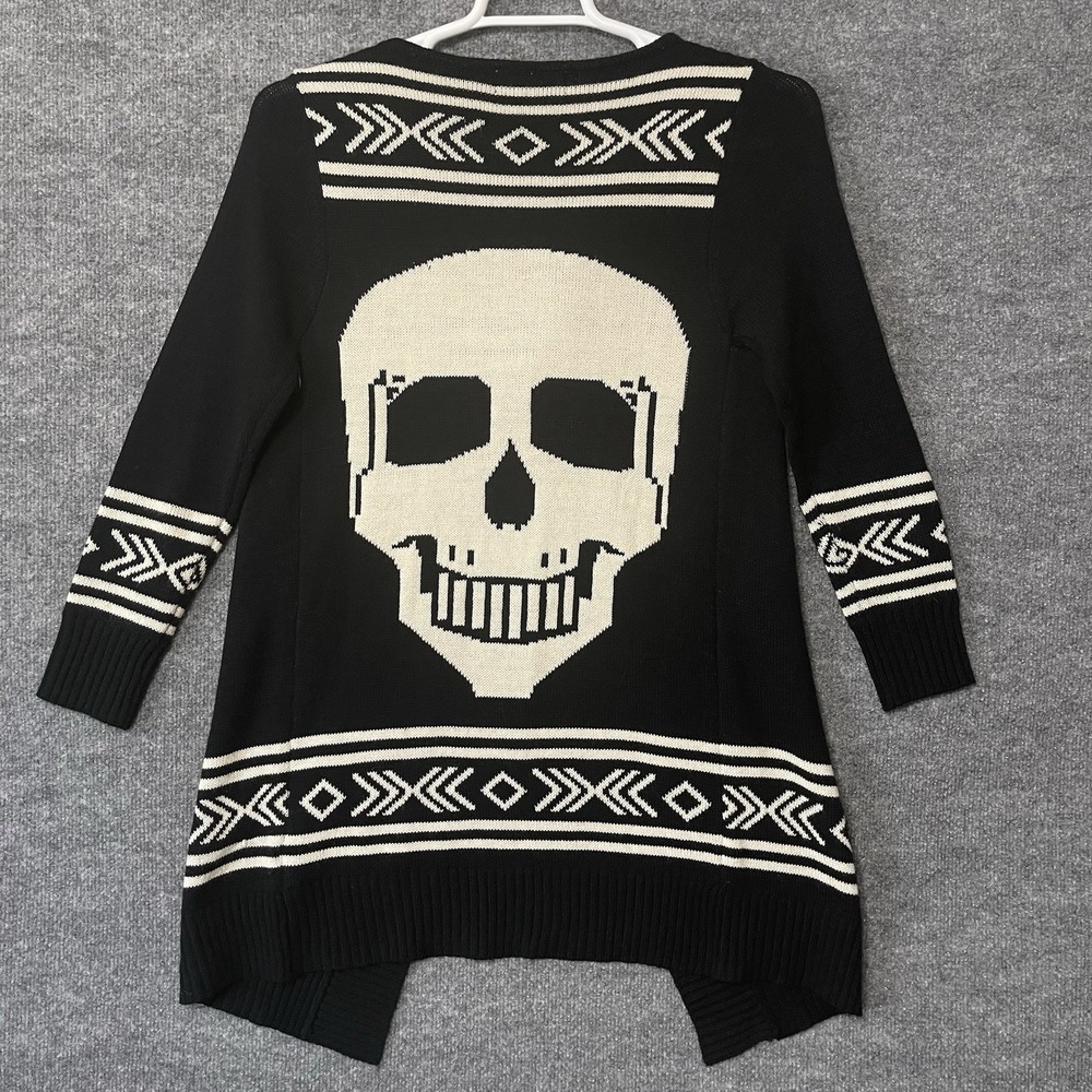 Karma‎ Blue Skull Open Front Cardigan Women's Small Acrylic Black
